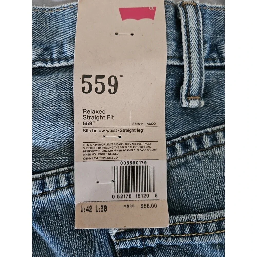 Levi's 559 Jeans Straight Leg Relaxed Fit Medium Wash Blue Denim Mens 42x30 NWT